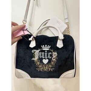 Juicy Couture Velour Heritage Satchel Purse Bag Black White Liquorice Angel NWT